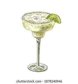 Alcohol classics cocktail margarita glass. Vector vintage hatching