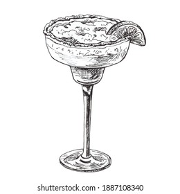 Alcohol classics cocktail margarita glass. Vector vintage hatching gray illustration. Isolated on white background. Hand drawn design