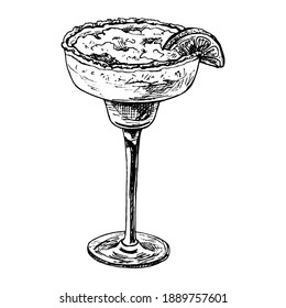 Alcohol classics cocktail margarita glass. Vector vintage hatching black illustration. Isolated on white background. Hand drawn design