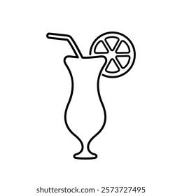 Alcohol cocktail black line vector icon. Hurricane glass with tube and slice of citrus.