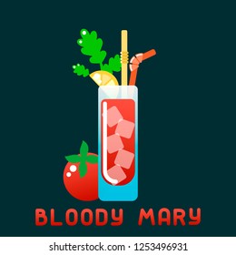 Alcohol cocktail Bloody Mary with decorations and name. Flat style vector illustration. Suitable for advertising, applications, menu design or web