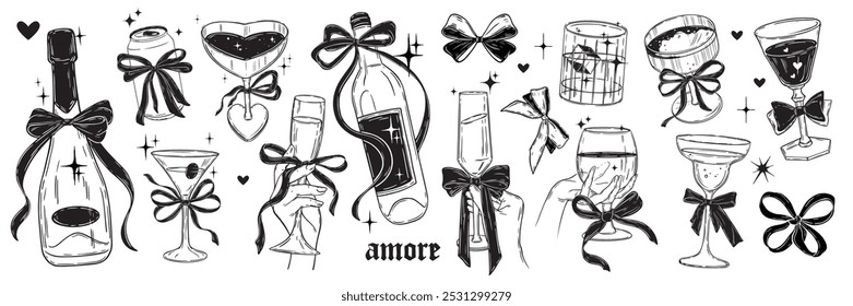 Alcohol cocktail doodle set, vector coquettish woman hand with wine glass, ribbon bow, champagne. Holiday celebration retro beverages party print, bachelorette bar illustration. Alcohol cocktail menu