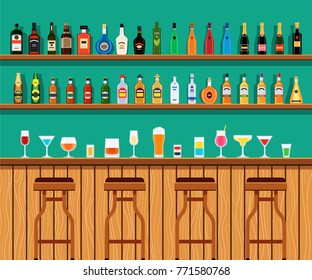 Alcohol cocktail drinks on a bar counter and chairs. The interior of the pub, bar or restaurant with bottles on the shelves. Vector illustration in vector style