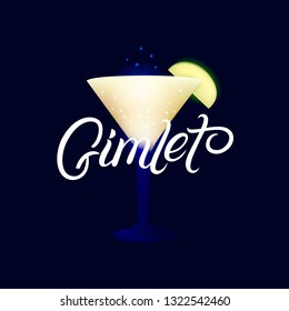 Alcohol cocktail Gimlet. Modern hand written lettering label. Dark background. Trendy flat style. Vector illustration.