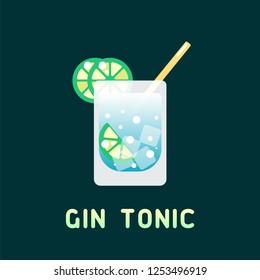 Alcohol cocktail gin tinic with decorations and name. Flat style vector illustration. Suitable for advertising, applications, menu design or web