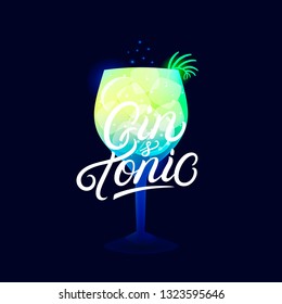 Alcohol Cocktail Gin And Tonic. Modern Hand Written Lettering Label. Dark Background. Trendy Flat Style. Vector Illustration.