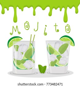 Alcohol cocktail green lime mojito, mocktail booze in bar. Cocktail mojito consisting of natural ingredient lime for mocktail booze on bar. Component cocktail lime mojito it mocktail booze for bar.