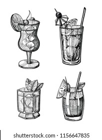 Alcohol cocktail hand drawn vector illustration set. Vintage cocktail sketches with tube, orange, strawberry, mint leaves. Beverage ink drawing for bar or pub menu