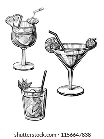 Alcohol cocktail hand drawn vector illustration set. Vintage cocktail sketches with tube, orange, strawberry, pineapple. Beverage ink drawing for bar or pub menu