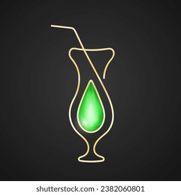 Alcohol cocktail in hurricane glass vector flat illustration. Stylized green 3d drop in gold frame. Best for logo, menu concept and branding design.