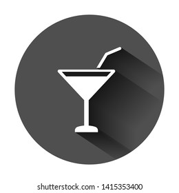 Alcohol cocktail icon in flat style. Drink glass vector illustration on black round background with long shadow. Martini liquid business concept.