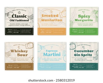 Alcohol cocktail label retro style design template set vector flat illustration. Alcoholic drink beverage mix margarita whiskey martini gin old fashioned post mark package sticker