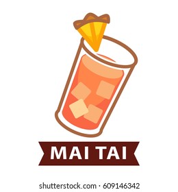 Alcohol cocktail Mai Tai with piece of pineapple isolated on white. Vector illustration of spirit beverage based on light and dark rum, orange liqueur, almond syrup, lime juice in tall glass highball.