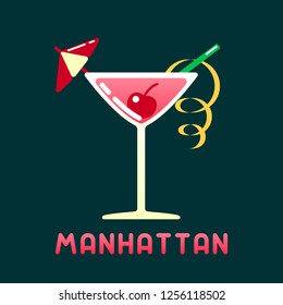 Alcohol cocktail manhattan with decorations and name. Flat style vector illustration. Suitable for advertising, applications, menu design or web