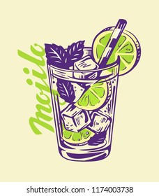 alcohol cocktail Mojito in glass. Vector illustration