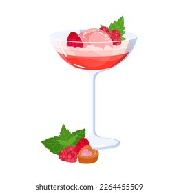 Alcohol cocktail of pink champagne with ice cream sorbet and raspberries isolated on white background. Valentines women romantic drink vector illustration. Summer holiday party