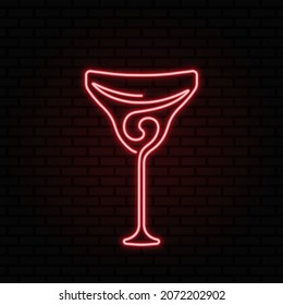 Alcohol cocktail. Red neon sign on dark brick wall. Continuous one line vector icon. Best for web, logo, menu concept, branding design and bar decoration.