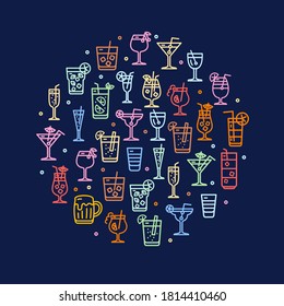 Alcohol Cocktail Round Design Template Contour Lines Icon Concept for Promotion, Marketing and Advertising. Vector illustration