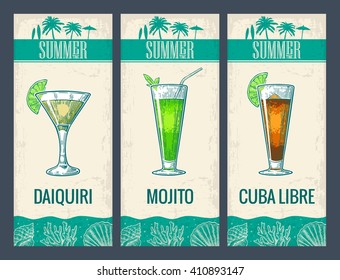 Alcohol Cocktail Set. Daiquiri, Mojito, Cuba Libre. Vintage Vector Engraving Illustration For Web, Poster, Menu, Invitation To Summer Beach Party. Isolated On Light Background.