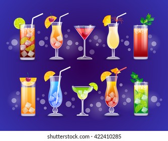 Alcohol Cocktail Set Glasses Drinks Flat Vector Illustration