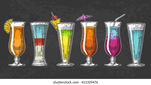Alcohol cocktail set. Vintage vector engraving illustration for web, poster, menu, invitation to summer beach party. Isolated on dark background