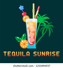 Alcohol cocktail Tequila Sunrise with decorations and name. Flat style vector illustration. Suitable for advertising, applications, menu design or web