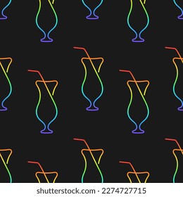 Alkoholcocktail Vektor nahtlose Muster. Elemente mit Regenbogen-Farbverlauf auf schwarzem Hintergrund. Bestens geeignet für Textilien, Tapeten, Verpackungspapier, Verpackung und Bardekoration.