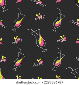 Alcohol cocktail vector seamless pattern. Colorful elements on black background. Best for textile, wallpapers, wrapping paper, package and bar decoration.