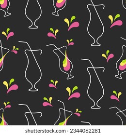 Alcohol cocktail vector seamless pattern. Colorful elements on black background. Best for textile, wallpapers, wrapping paper, package and bar decoration.