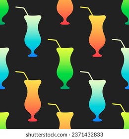 Alcohol cocktail vector seamless pattern. Green, orange and blue gradient elements on black background. Best for textile, wallpapers, wrapping paper, package and bar decoration.