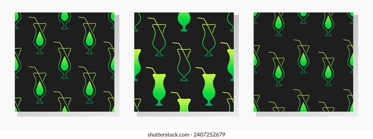 Se han establecido patrones sin fisuras para el vector de cóctel de alcohol. Elementos de gradiente verde sobre fondo negro. Lo mejor para textiles, papel pintado, papel envolvente, embalaje y decoración de bar.
