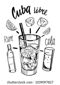 Alcohol cocktail. Whiskey, rum, ice, lime, cola. Cuba libre. Vector illustration.