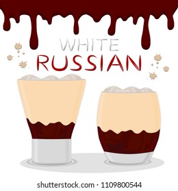 Alcohol cocktail white russian, mocktail booze in bar. Cocktail white russian consisting of natural ingredient for mocktail booze on bar. Component cocktail white russian it mocktail booze for bar.