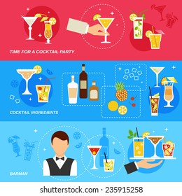 Alcohol cocktails banner set with barman ingredients party isolated vector illustration.