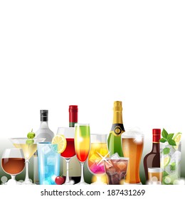 Alcohol cocktails and bottles over white background - vector