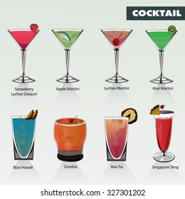 Alcohol and cocktails drinks  icon set. Vector illustration.