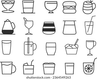 Alcohol and cocktails icon set. Collection of linear simple web icons such as glasses, spirits, beer, bar, champagne, whiskey, wine etc. Editable vector stroke.