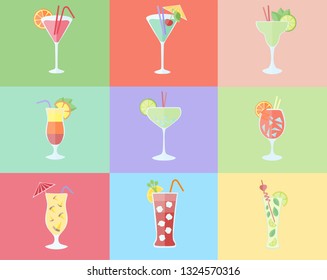 Alcohol cocktails icon set in flat design style.