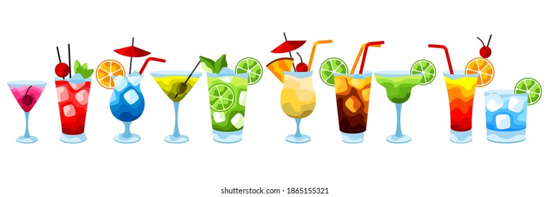 Alkohol-Cocktails Icon Set. Stilvolles Bild von alkoholischen Getränken und Getränken.