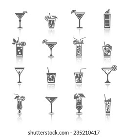 Alcohol cocktails icons black set with blue lagoon manhattan tequila sunrise isolated vector illustration.