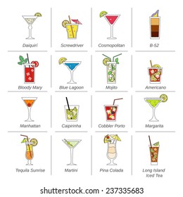 Alcohol cocktails icons flat line set with mojito bloody mary manhattan isolated vector illustration