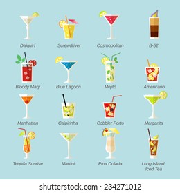 Alcohol cocktails icons flat set with daiquiri screwdriver cosmopolitan isolated vector illustration