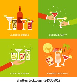 Alcohol cocktails icons flat set with drinks party menu summer isolated vector illustration