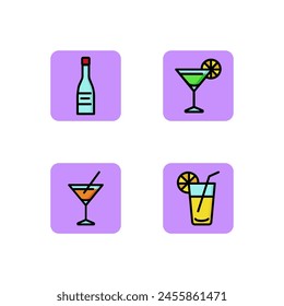 Alcohol cocktails line icon set. Lemonade, Cosmopolitan cocktail, Martini glass and Vodka bottle. Party concept. Vector illustration for web design