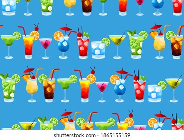 Alcohol cocktails seamless pattern. Stylized image of alcoholic beverages and drinks.