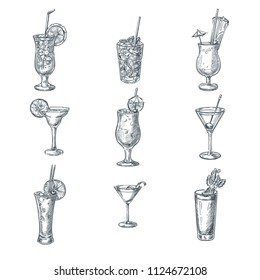 Alcohol cocktails sketch vector illustration. Set of isolated hand drawn beverages and drinks. Bar menu design elements.