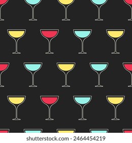 Alcohol cocktails vector seamless pattern. Multicolor glasses with white outline on black background.