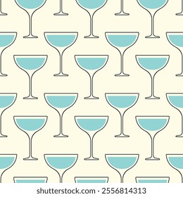 Alcohol cocktails vector seamless pattern. Blue glasses with black outline on white background.