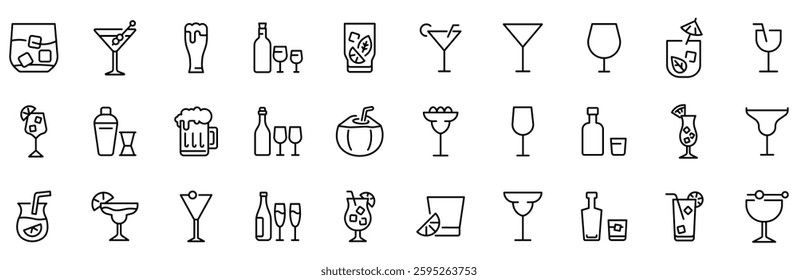 Alcohol and cocktails web line icon set. Glasses, spirits, beer, bar, champagne, whiskey, wine. Editable vector stroke.
