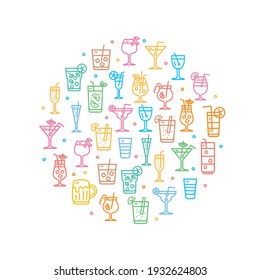Alcohol Coctail Sign Round Design Template Thin Line Icon Banner On A White For Menu. Vector Illustration
